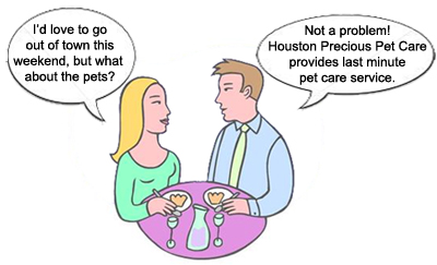 cartoon couple talking about hiring a pet sitter in Houston.